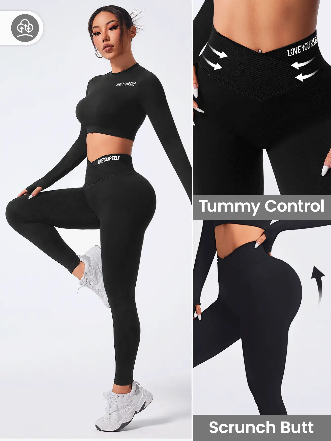 Easithlete Black Long Sleeve Seamless Sportswear Set, Minimalist Casual Everyday Wear Gym Set Workout Women Set Women Leggings Set - Black - View 8