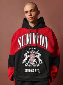 SUMWON Conjunto de 2 piezas con sudadera con capucha de ajuste regular con bloques de color y estampado gráfico y pantalón de chándal de ajuste recto con panel en la rodilla