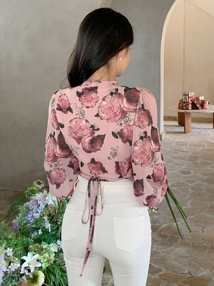 All-Over Floral Long Sleeve Tie-Waist Cropped Button-Down Shirt, Fall Graphic Tee Vacation Women Boho
