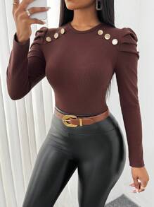 SHEIN Clasi Women's Crew Neck Raglan Sleeve Metal Button Decor Fitted Basic T-Shirt, Coffee, Regular Fit, Autumn/Winter Fall Cloth For Women - Coffee Brown - View 6