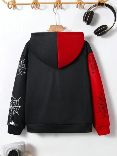 SHEIN 儿童/青少年男孩休闲蜘蛛网和蜘蛛印花连帽长袖针织夹克，红色和黑色，适合通勤、上学、休闲、度假、运动、春季、夏季、秋季、冬季