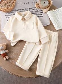 SHEIN Vintaside Kids 2 stuks Babymeisjes Casual Top met lange mouwen + Khaki broekset, geschikt voor buitenreizen of binnenrecreatie