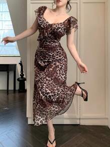 DAZY 100% Chiffon Leopard Print Ruffle Patchwork Women Short Sleeve Dress Summer Sundress Vacation Outfits Women - Brown - View 4