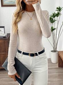 EMERY ROSE Spring Clothes Women's Solid Color Stand Collar Ribbed Slim-Fit Long Sleeve T-Shirt