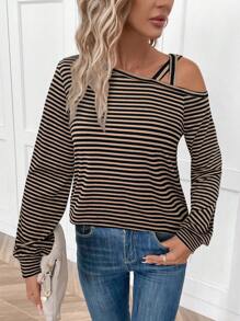 SHEIN LUNE Women's Casual Striped One Shoulder T-Shirt, Basic Autumn/Winter Daily Wear Winter Clothes For Women Casual Tops Long Sleeve Tops - Multicolor - View 5