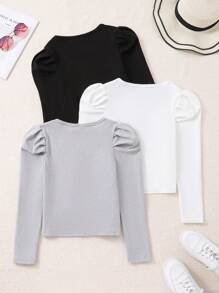 Tween Girls Solid Color Puff Sleeve Square Neck Blouse