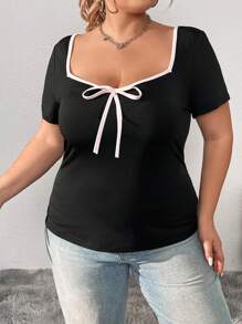 SHEIN CURVE+ Plus Size Solid Square Neck Short Sleeve Tie Bow Summer Tee