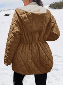 SHEIN Frenchy Plus Size Women Padded Coat With Hat, Thermal Lined, Pockets, Versatile - Brown - View 2