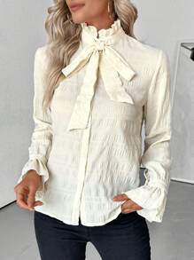 SHEIN Clasi Plain Color Bowknot Versatile Blouse, Spring & Autumn Women Shirt - Apricot - View 4