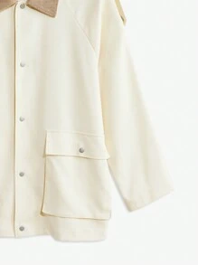 Manfinity VCAY Men's Beige Contrast Color Splice Woven Long Sleeve Button-Up Jacket,Vintage Color Block Lightweight Casual Autumn Hiking Jacket For Husband Gifts - Apricot - View 4
