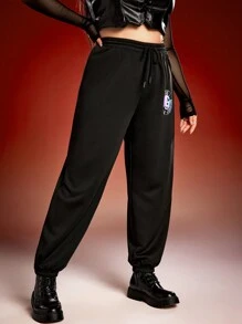 Miraculous Ladybug X SHEIN Pantalones versátiles de talla grande con cintura con cordón, estampado de mariposa y efecto tie-dye en color negro