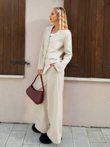 SHEIN EZwear Women Casual Solid Color Loose Blazer Jacket And Pants Suit, Autumn