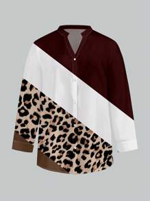Glamance N_Standard Plus Size Women Notched Neck Boho Leopard Print Colorblock Going Out Spring Fall Blouse - Brown - View 2