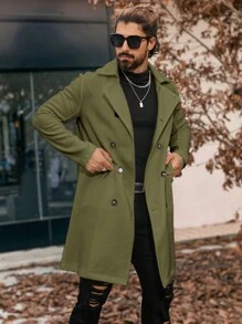 Manfinity Homme Áo khoác len dài tay màu trơn hai hàng khuy, quần áo nam mùa thu, áo khoác nam màu trắng mùa đông - xanh quân đội - Xem 3