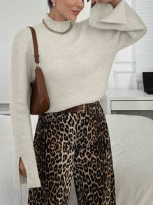 SHEIN Solid Color Stand Collar Slit Casual Versatile Long Sleeve Pullover Sweater