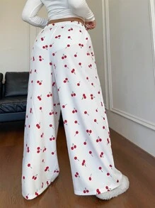 POPSWAY Pantalones rectos de talle con cordón y estampado de cerezas para mujer talla grande