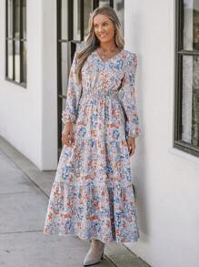 Wildy Women's Casual V-Neck Ditsy Floral Dress, Light Grey,Long Sleeve Dress - Multicolor - View 4