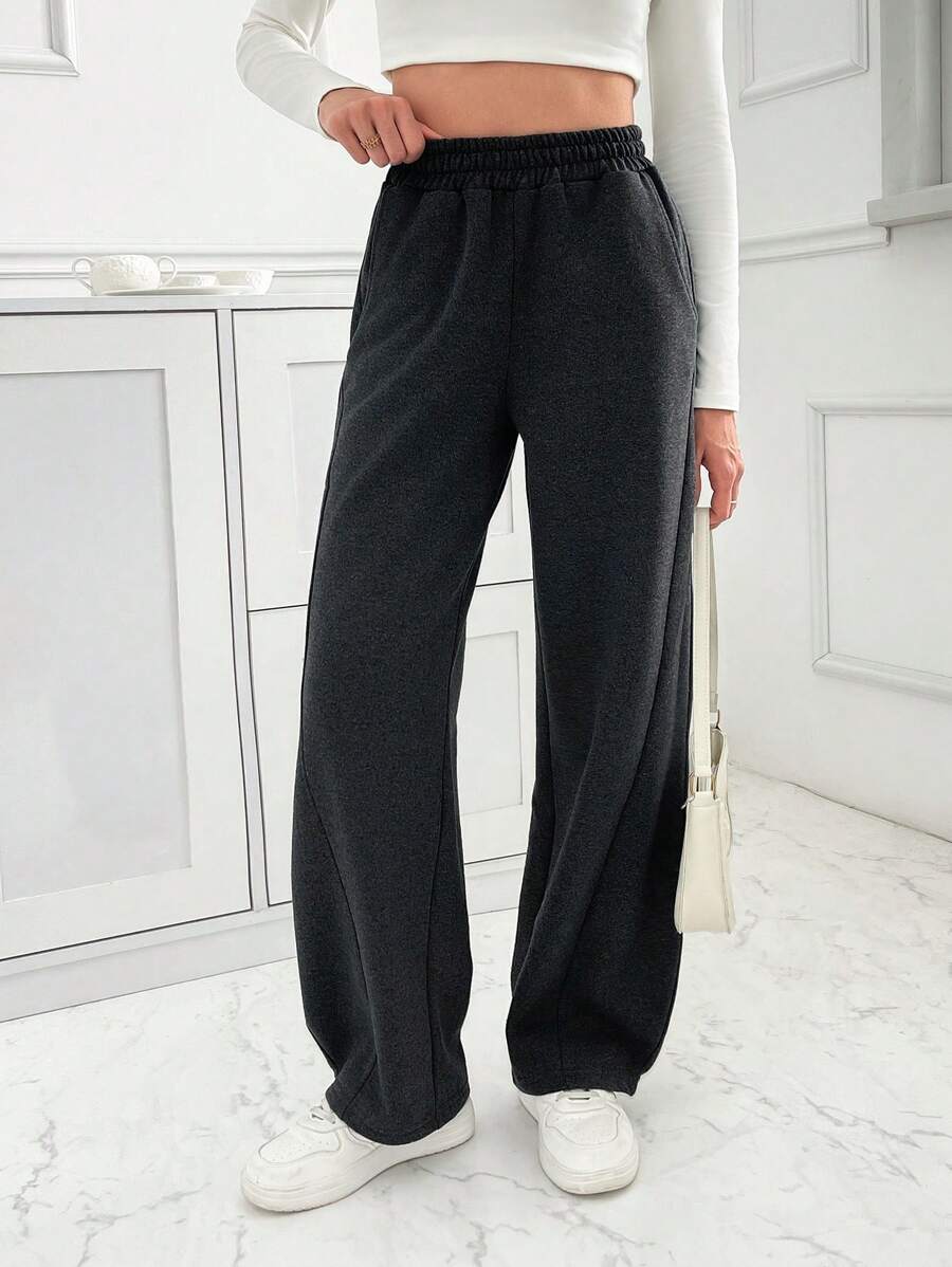 EURMUSE Wide Leg Elastic Waist Track Pants, Seam Design, Fall Clothes - Dark Grey - View 1
