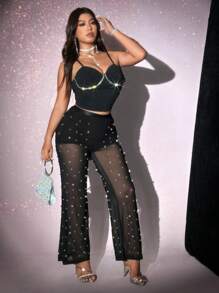 Viva Relle Pantalones sexys transparentes de talla grande con decoración de perlas, para fiestas y uso diario