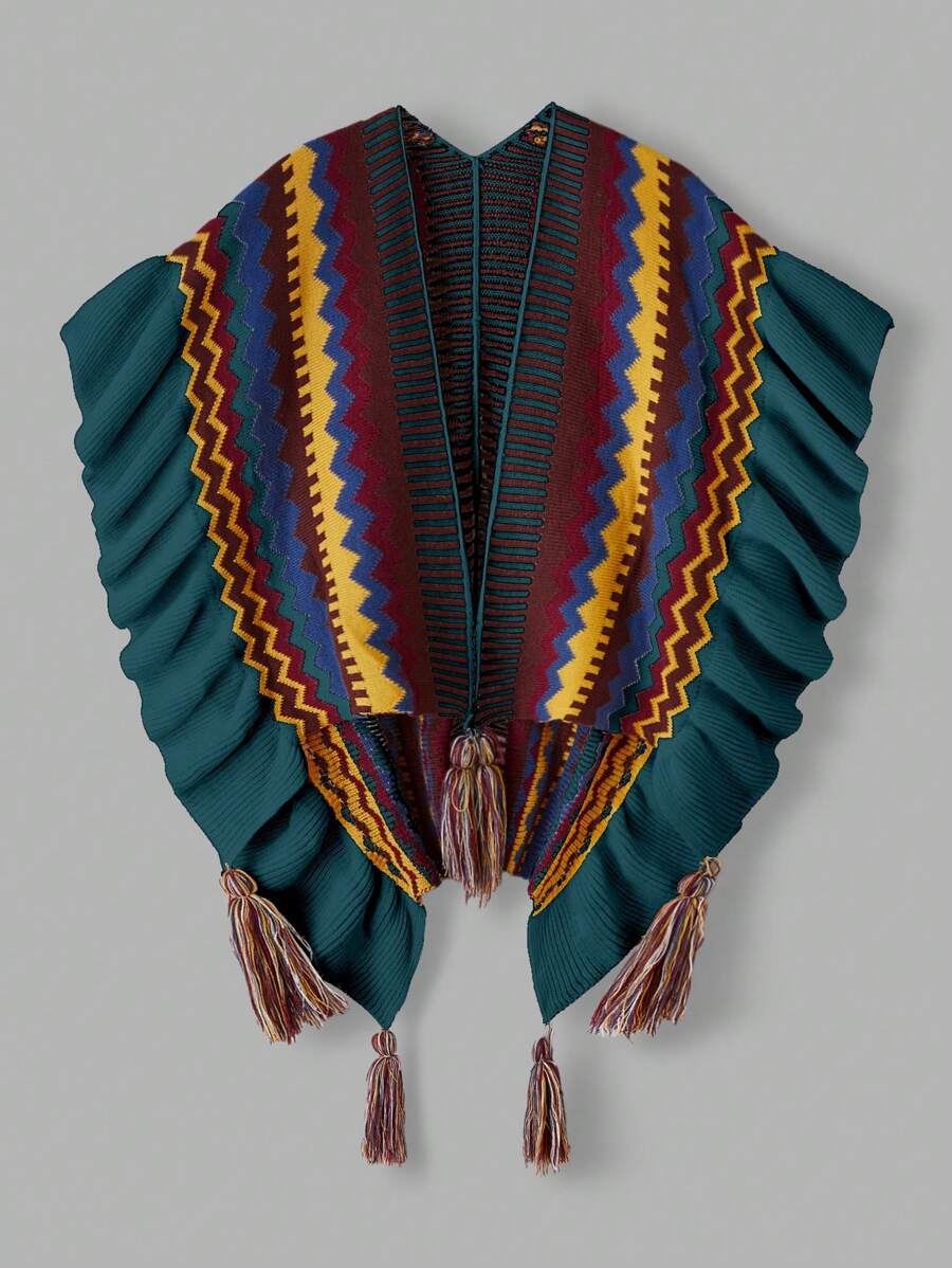 Flirla Bohemian Pleated Hem Plus Size Cardigan Sweater, Plus Size - Teal Blue - View 1