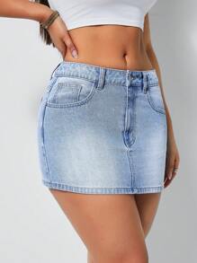 SHEIN Tall Women's Front Button Pocket Casual Denim Mini Skirt - Light Wash - View 3