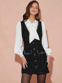 Enchnt Winter/Spring Romantic Women's Black&White Contrast Color Exquisite Chain Decor Long Sleeves Pocket Bowknot Tweed Short Dress, Elegant&Stylish For Valentine's Day&Christmas Party&Sweet Date&Daily Commuting, Dress - Black - View 2