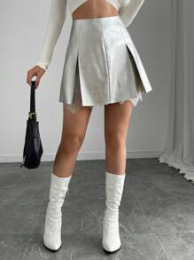 Calvaya Women PU Leather & Contrast Lace Bodycon Mini Skirt