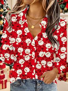 EMERY ROSE Women's Red Christmas Santa Claus Pattern Button Down Long Sleeve Shirt, Suitable For Autumn/Winter