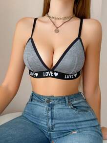 SHEIN 女士简约撞色边饰字母装饰文胸 - 灰色 - 查看 5