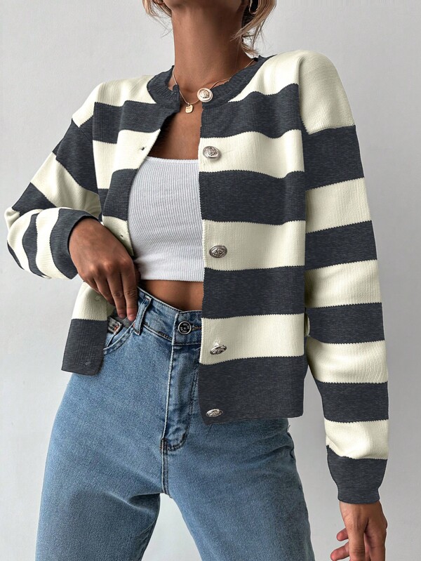Women's Casual Everyday Contrast Color Striped Front Button Cardigan, Autumn/Winter