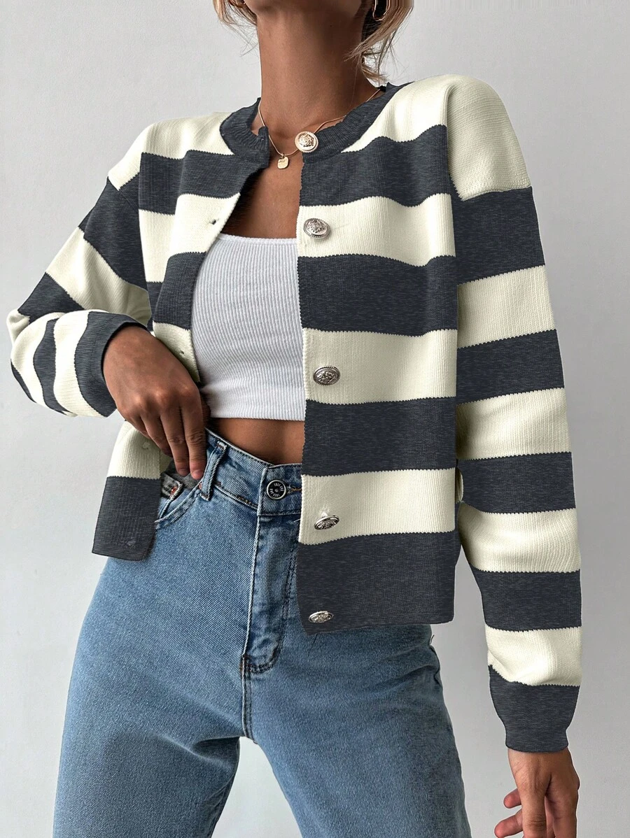 EURMUSE Women's Casual Everyday Contrast Color Striped Front Button Cardigan, Autumn/Winter - Dark Grey - View 1