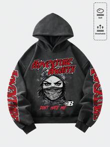 ROMWE MEN Street Life Sudadera corta con capucha de estilo vintage lavado para hombre, ropa urbana - Negro - Ver 7