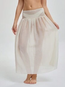 Women's Apricot Color Waist Frill Hem Casual Beach Dress, Summer - Apricot - View 5