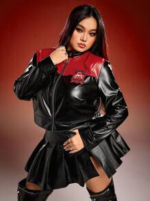Miraculous Ladybug X SHEIN Plus Size Contrast Rib-Knit Collar Studded Super Hero Print Leather Jacket - Black - View 7