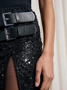 AiiRZ Mini Skirt Buckle Detail Sequin Party Club Night Out Double Buckle Side Split Sparkling Dinner Evening Glitter Mini Party Christmas New Year - Black - View 4