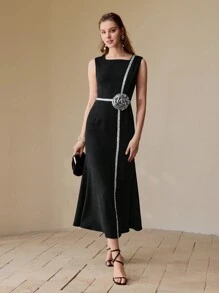 MOTF 撞色亮片立体花朵连衣裙 - 黑色 - 查看 4