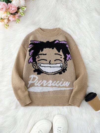 Tween Boy Casual Cartoon Letter Graphic Sweater, Autumn/Winter
