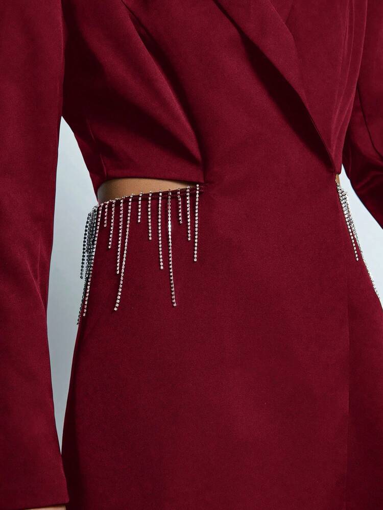 SHEIN Maija Women's Hollow-Out Crystal Tassel Decor Cropped Blazer, Suitable For Spring/Summer, Party, Festival, St. Patrick's Day, Easter, Chinese New Year In Fall/Winter