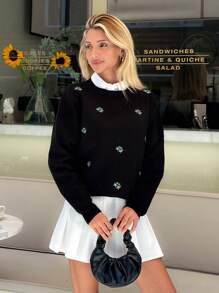 RueChic Women Flower Embroidery Round Neck Drop Shoulder Pullover - Black - View 3