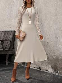 EMERY ROSE Women Lace Patchwork Round Neck Long Sleeve Casual Mini Dressspring Clothes - Apricot - View 3