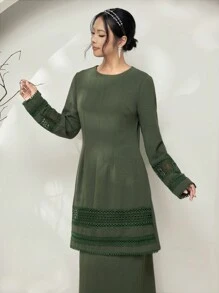 Graceveil Baju Kurung 纯色立领系带宽松简约时尚休闲日常服装适中 - 橄欖綠 - 查看 4