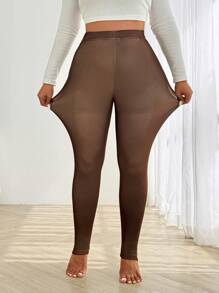 Flirla Plus Size Brown Mesh Wool Lined Warm Leggings - Rust Brown - View 4