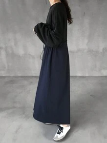 FRIFUL Women's Lace Patchwork Mid-Calf Plain Color Dress - Black - View 4