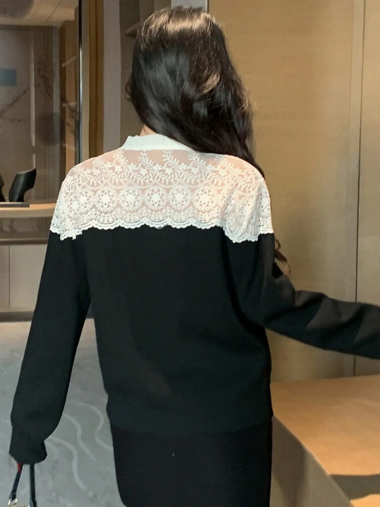 Women Lace Patchwork Tie Front Contrast Color Sweater,Fall Clothes