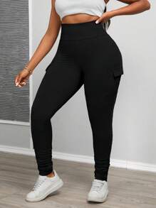 Maweii Plus Size Solid High Waist Pocket Design Casual Leggings, Versatile Daily Wear Fall Cloth For Women - Black - View 4