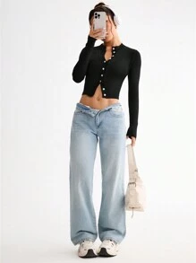 Easithlete Seamless High Elasticity Ribbed Button Sports Jacket - Black - View 7