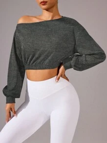 Gameset SHEIN Sport Women Casual Solid Color Asymmetrical Neckline Dropped Shoulder Loose Cropped Sweatshirt - Dark Grey - View 4