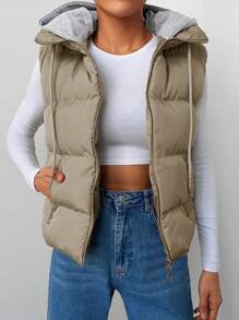 EURMUSE Drawstring Hooded Vest Puffer Coat - Apricot - View 1