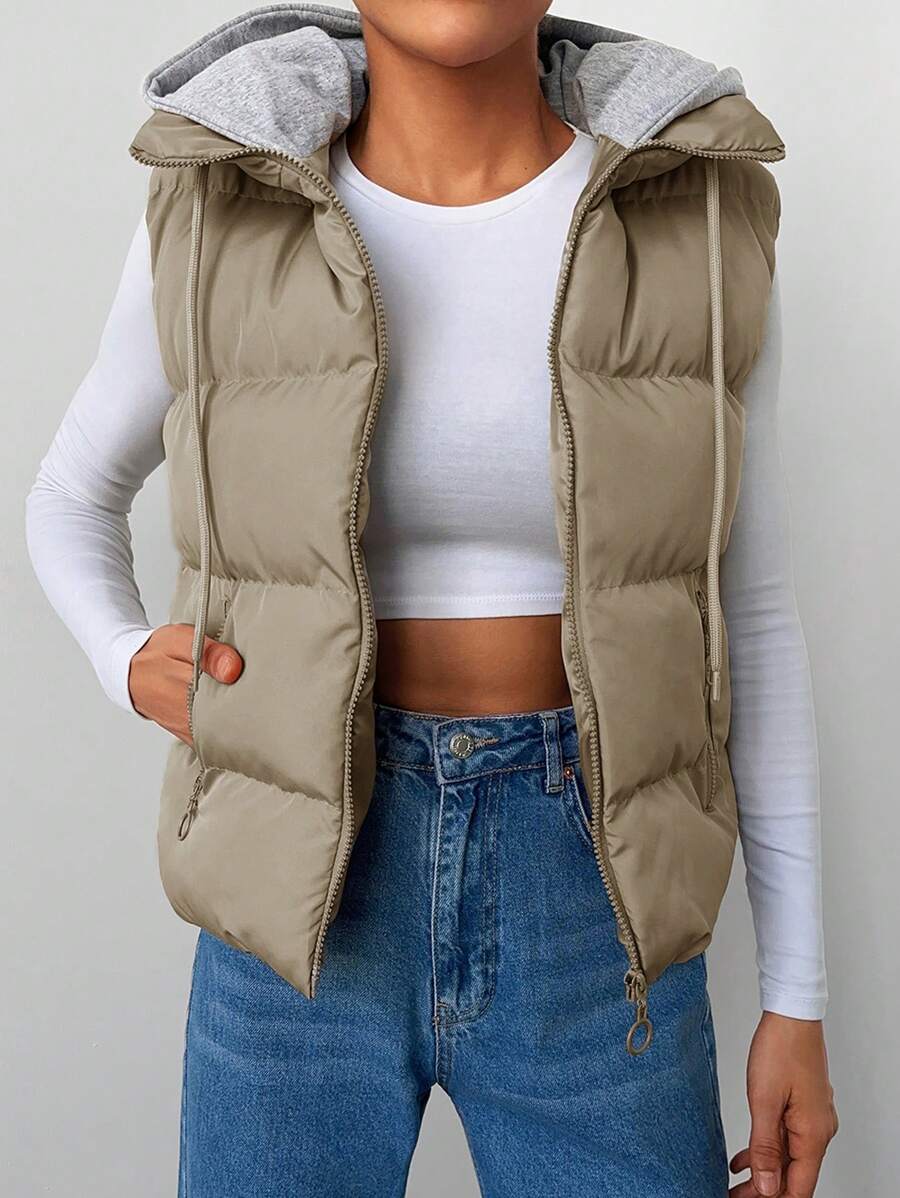 EURMUSE Drawstring Hooded Vest Puffer Coat - Apricot - View 1