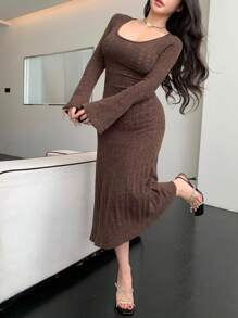 DAZY Women's Solid Round Neck Ribbed Knitted Long Sleeve Elegant Sweater Dress
